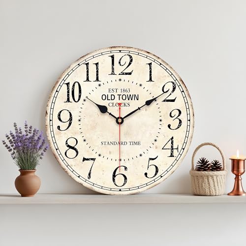 14in Antique Vintage Round Wall Clock Silent Old Town Farmhouse Home Decor